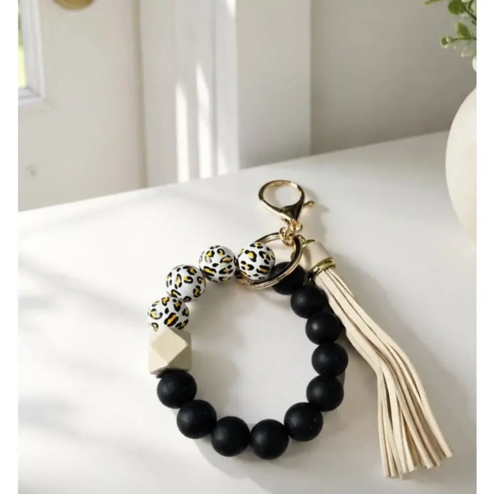 Silicone Black Leopard Beaded Wristlet Bag Charm New